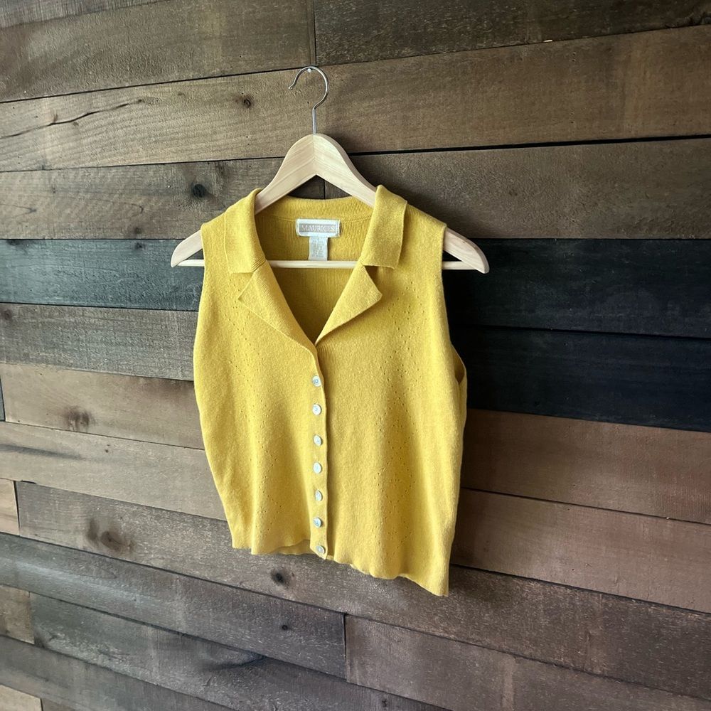 Vintage 90s Maurices Yellow Knit Sweater Vest – Collared Button Top – Size M - Picture 3 of 8